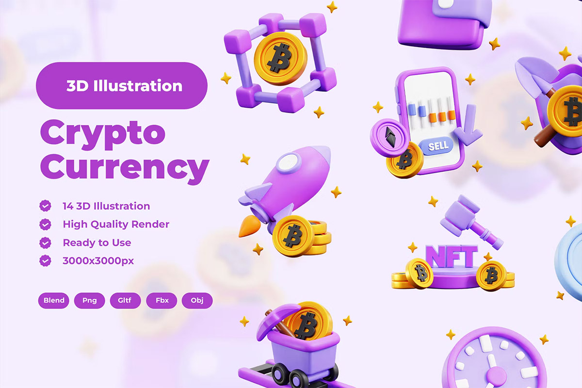 Crypto Currence 3D Illustration  25款紫色金融科技银行类3D模型设计3D区块连加密货币icon图标素材
