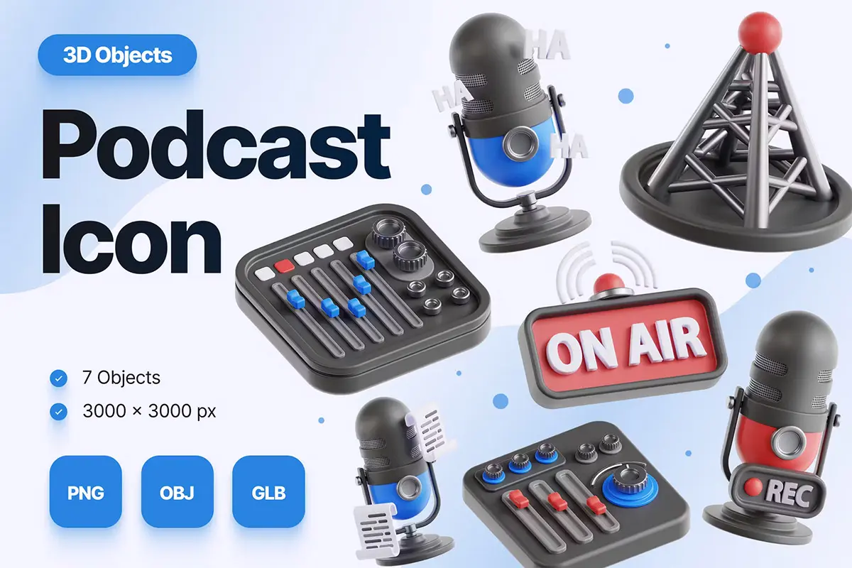 Podcast 3D Icon Pack  15款新闻播报解说播音设备演示3D图标icon设计素材webp免抠图片