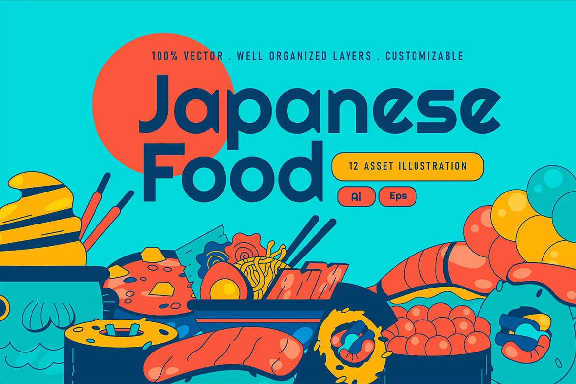 Blue Flat Design Japanese Food Illustration Set 手绘卡通寿司拉面日本美食用户界面站位插图插画矢量设计素材