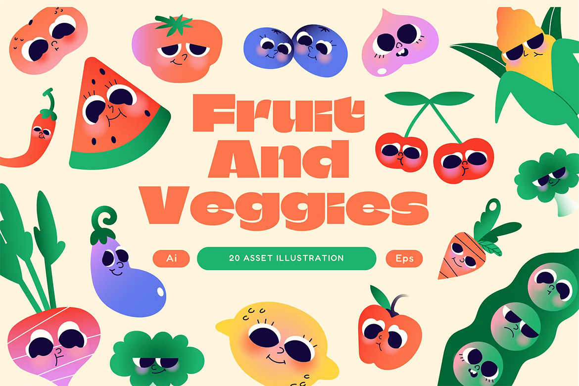 Cream Gradient Fruit and Veggies Illustration Set 蔬菜水果卡通形象剪切画用户界面站位插图插画矢量设计素材