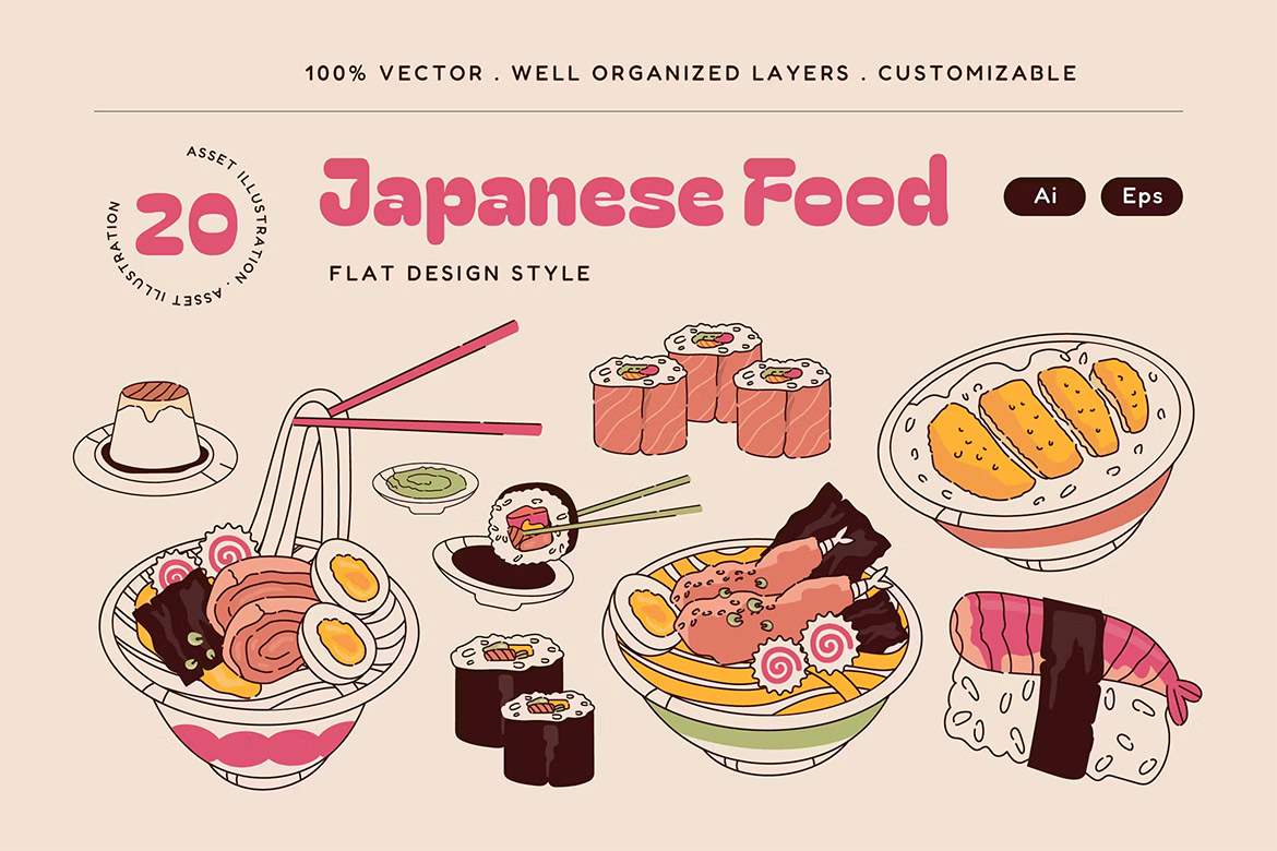 White Flat Design Japanese Food Illustration Set 日本料理美食扁平矢量剪切画插图插画设计素材
