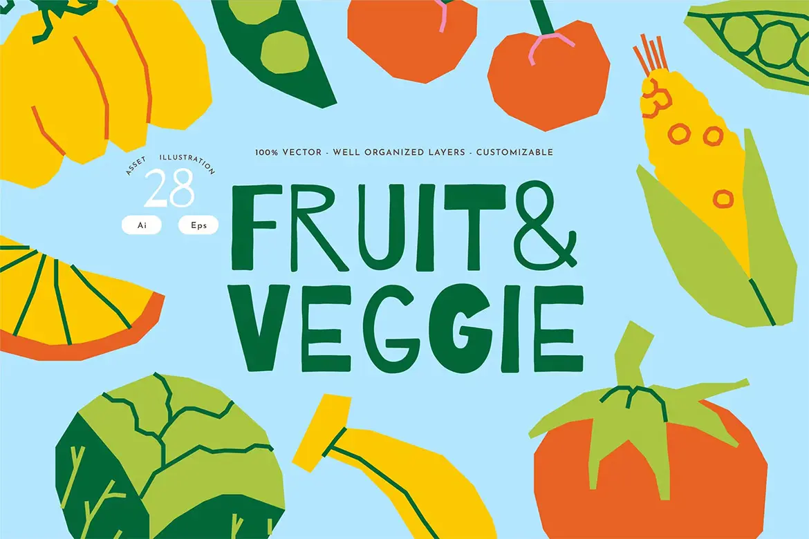 Turquoise Flat Design Fruit Illustration Set 几何状蔬菜水果用户界面站位插图插画矢量设计素材