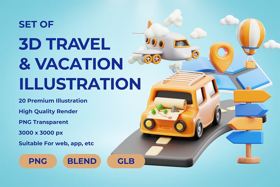 3D Travel & Vacation  20款旅行出行度假手机开屏引导插图3D图标icon素材png免抠图