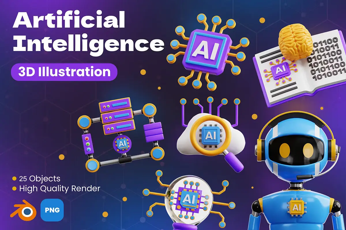 Artificial Intelligence 3D Icon Pack 25款科技未来Ai人工智能设备3D图标icon设计素材webp免抠图片
