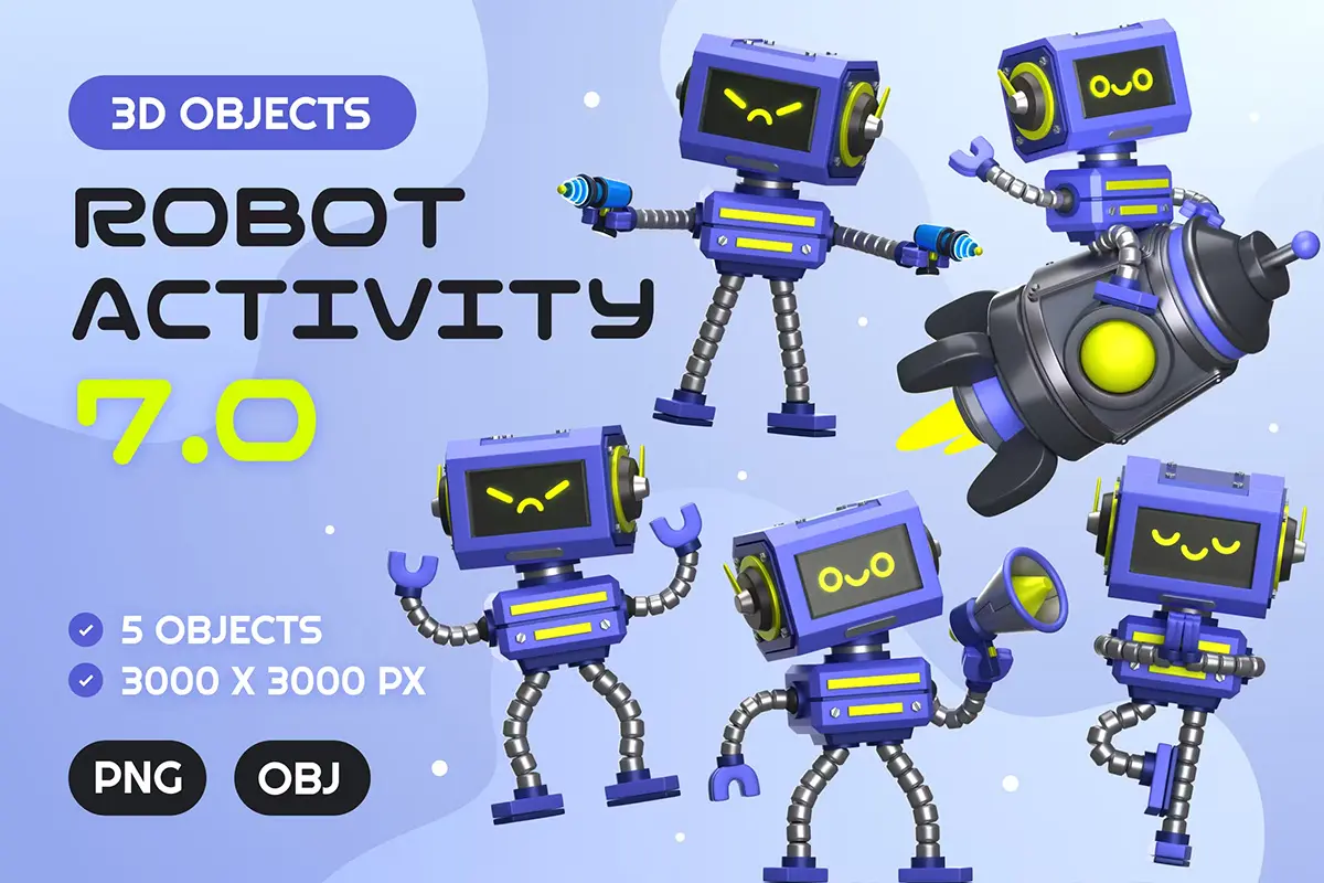 Robot Activity 7.0 3D Icon Pack  30款3D卡通趣味未来科技人工智能机器人插图插画webp免抠图片素材