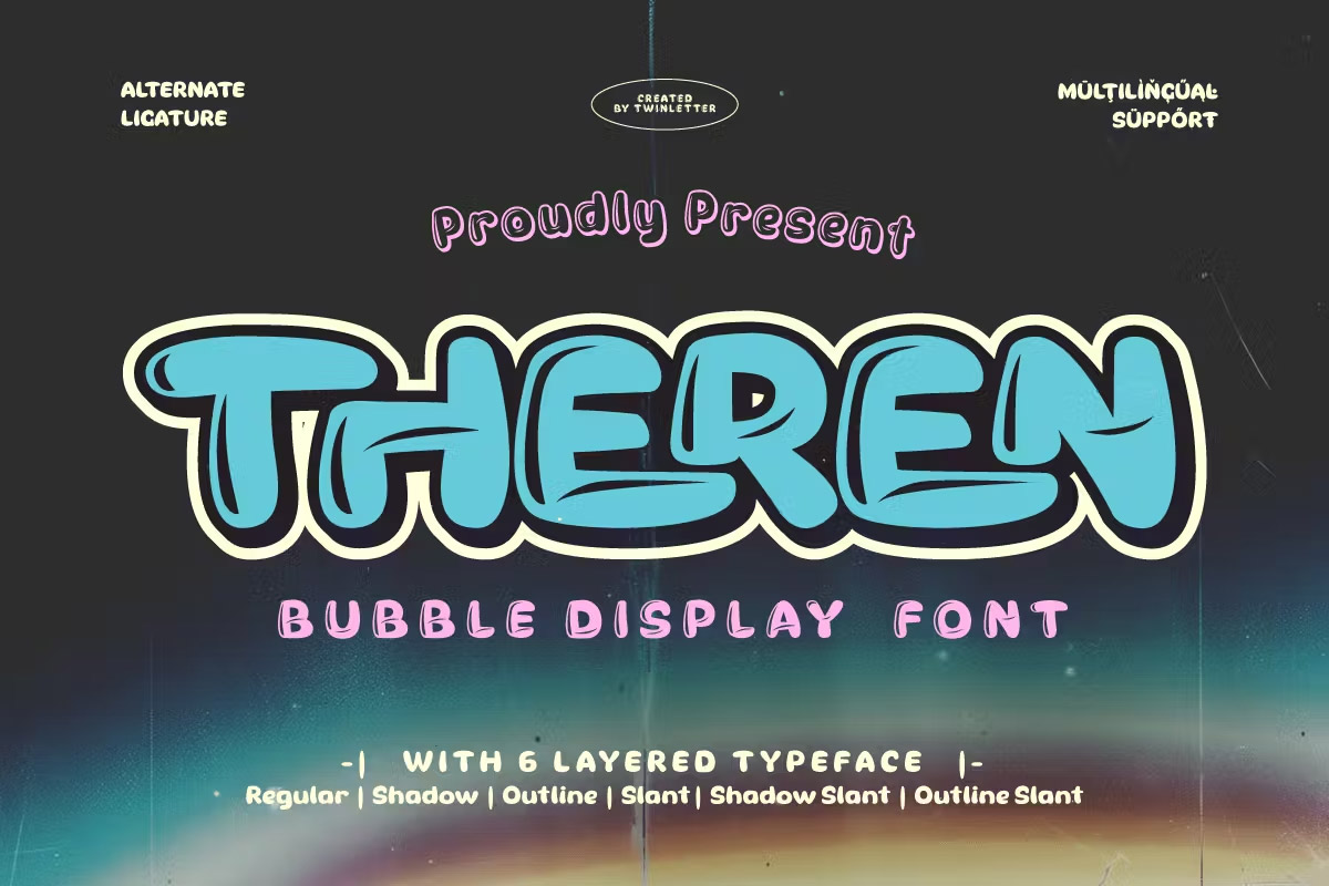 Theren – Bubble Display Font  6款Theren趣味卡通文创嘻哈潮流涂鸦海报标题气泡手写英文字体包