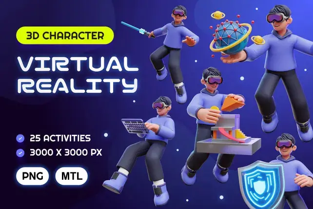 Virtual Reality Character 3D Illustration Pack  25款VR虚拟现实设备操作3D人物演示插图插画webp免抠图片设计素材
