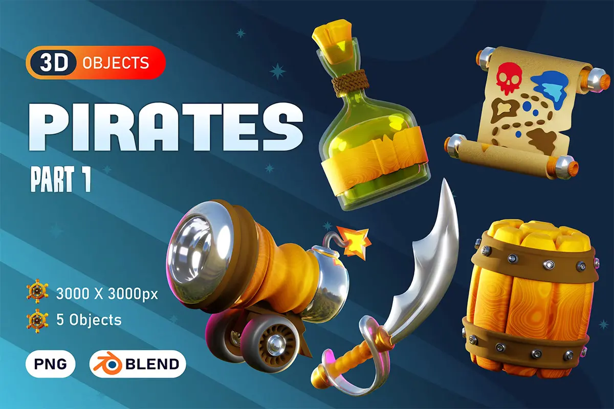 Pirates 3D Illustrations Part  15款3D卡通海盗手机游戏装备插图插画icon图标webp免抠图片素材