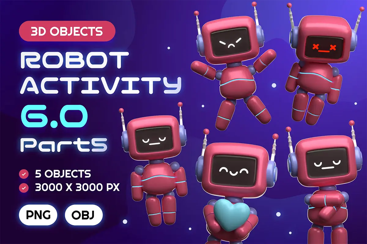 Robot Activity 6.0 3D Illustration Pack 30款红色3D卡通趣味未来科技人工智能机器人插图插画webp免抠图片素材