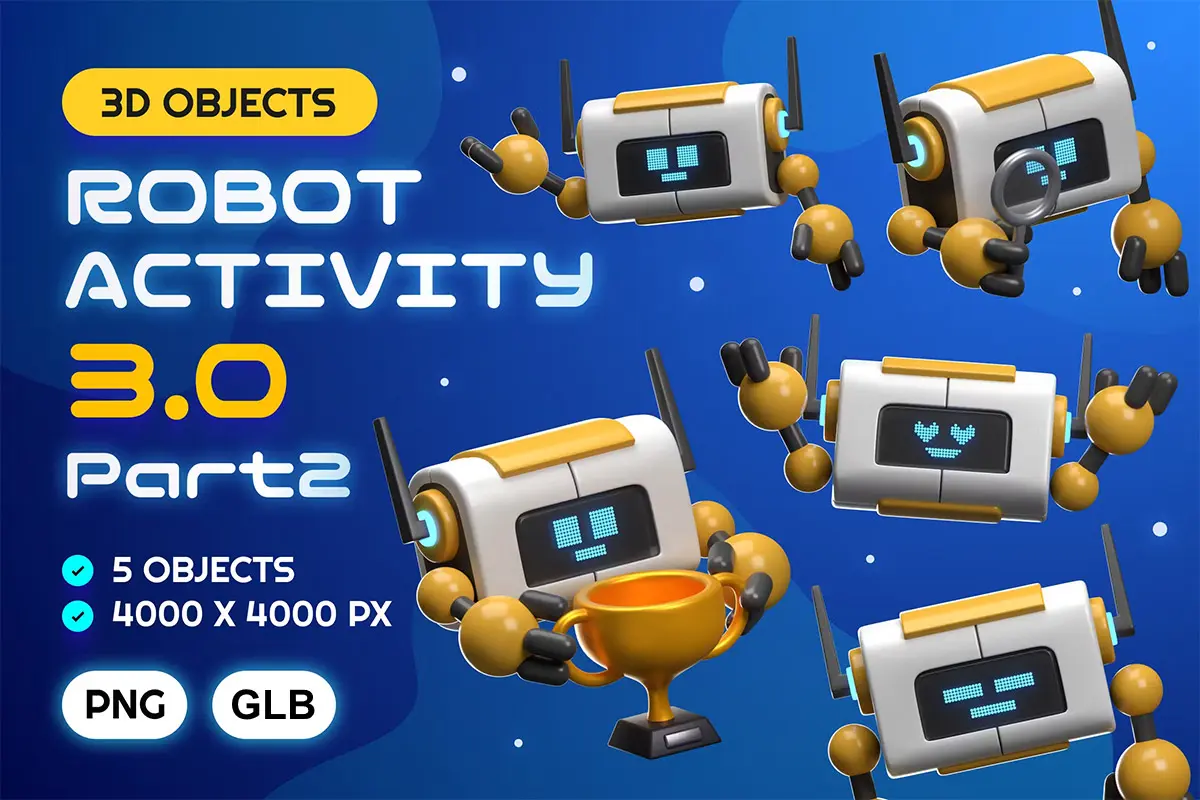 Robot Activity 3.0 3D Illustration Pack  15款3D卡通趣味未来科技人工智能机器人插图插画webp免抠图片素材