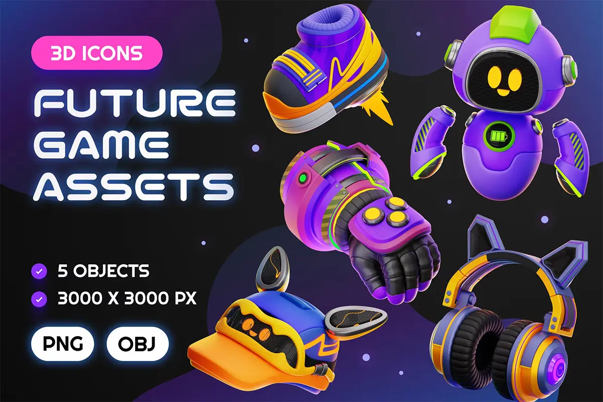 Cyberpunk Game Assets 3D Icon Pack  10款3D立体赛博朋克卡通游戏网页UI界面icon图标插图插画webp免抠图片素材