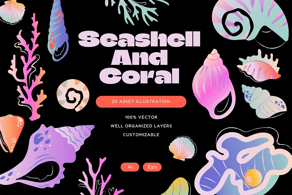Black Gradient Seashell and Coral Illustration Set 渐变海洋贝壳珊瑚剪切画用户界面站位插图插画矢量设计素材