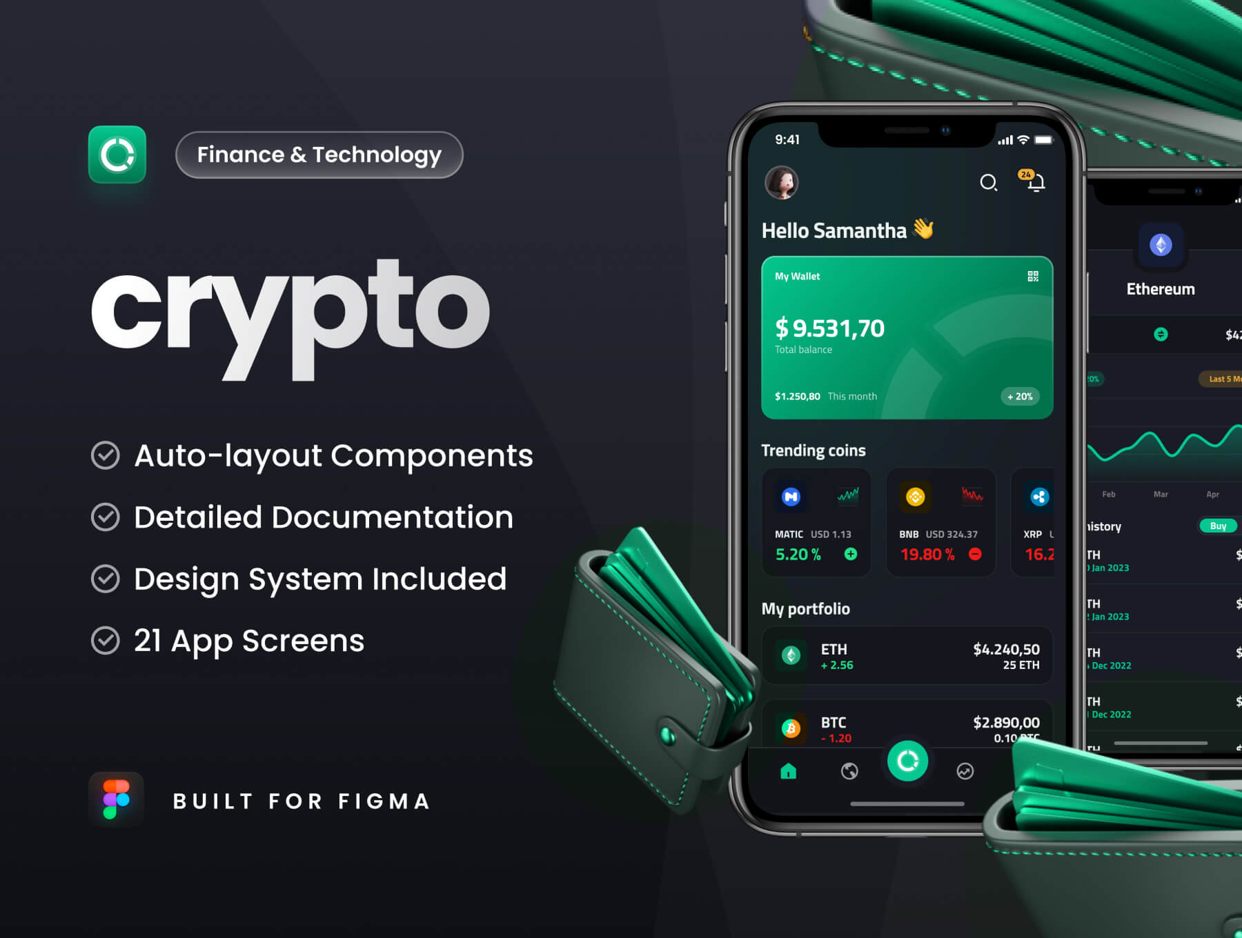 Crypto – Wallet App UI Kit 时尚深色金融交易加密钱包汇率理财App移动应用ui界面设计figma模板