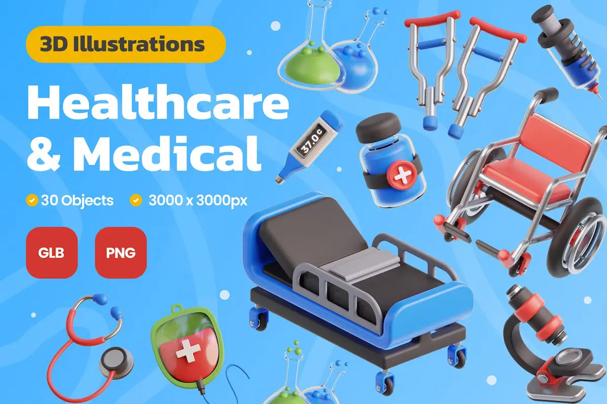 Healthcare And Medical 3D Icon Pack  30款趣味卡通3D医疗健康医院体检诊断医生插图插画webp免抠图片