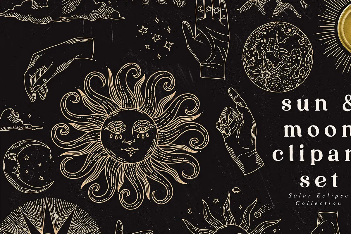 Sun Moon Celestial Vintage Set  27款复古占星术月亮太阳星球手势手绘矢量插画插图AI设计素材