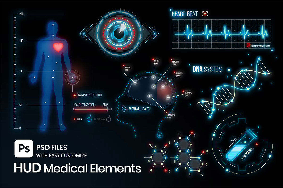 HUD Medical Elements  6款酷炫未来科幻赛博朋克HUD平行显示仪表盘ui设计ps素材源文件