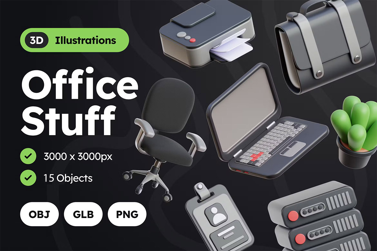3D Office Stuff Illustrations 高清创意卡通办公用品3D模型图标icon设计PNG免扣素材模板