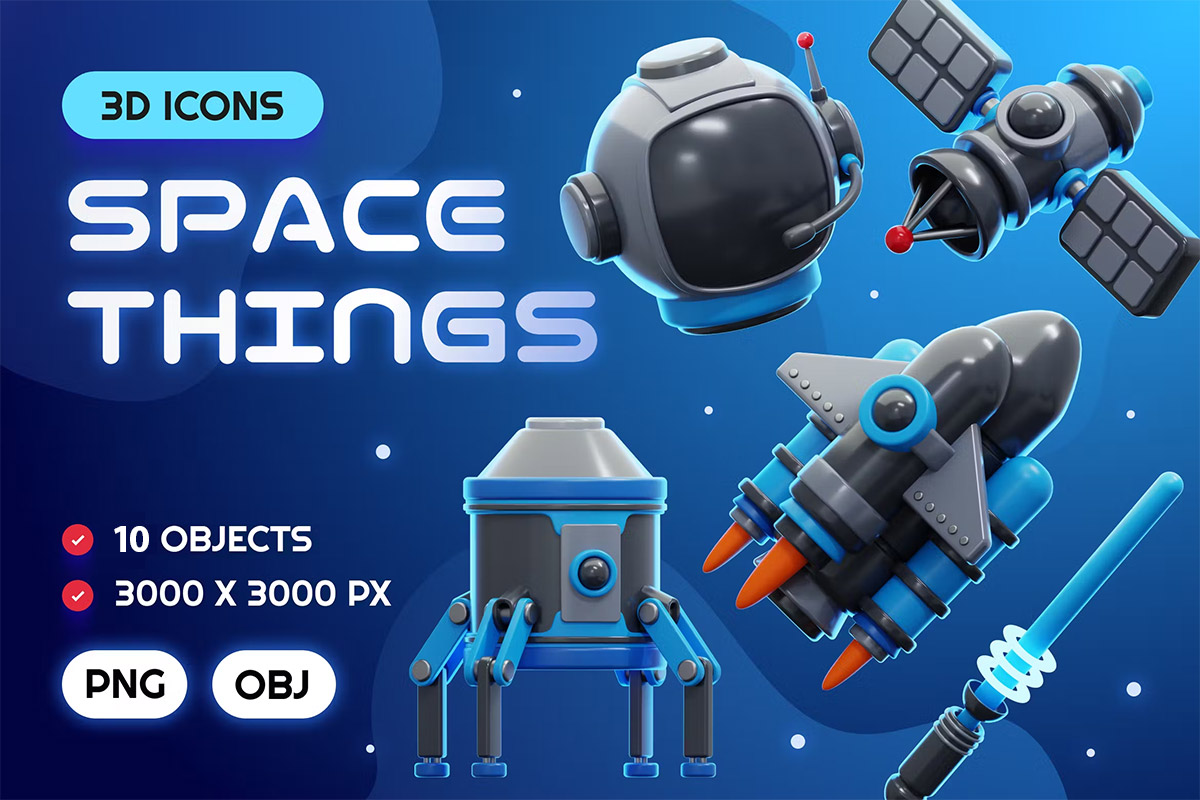 Space Stuff 3D Icon Pack  10款3D趣味卡通宇航员太空宇宙航天飞船天文png免抠插图插画素材
