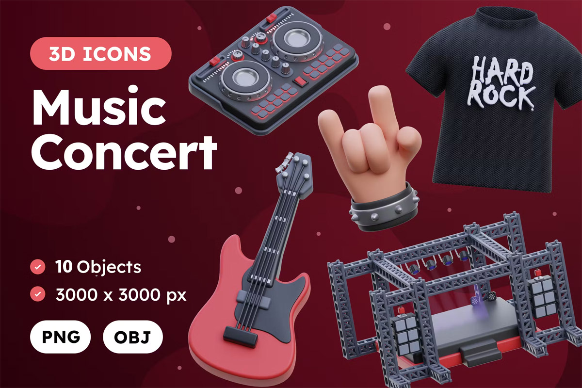 Concert 3D Icon Pack  10款3D立体卡通乐器音符乐队演奏音乐节插图插画png免抠图片素材