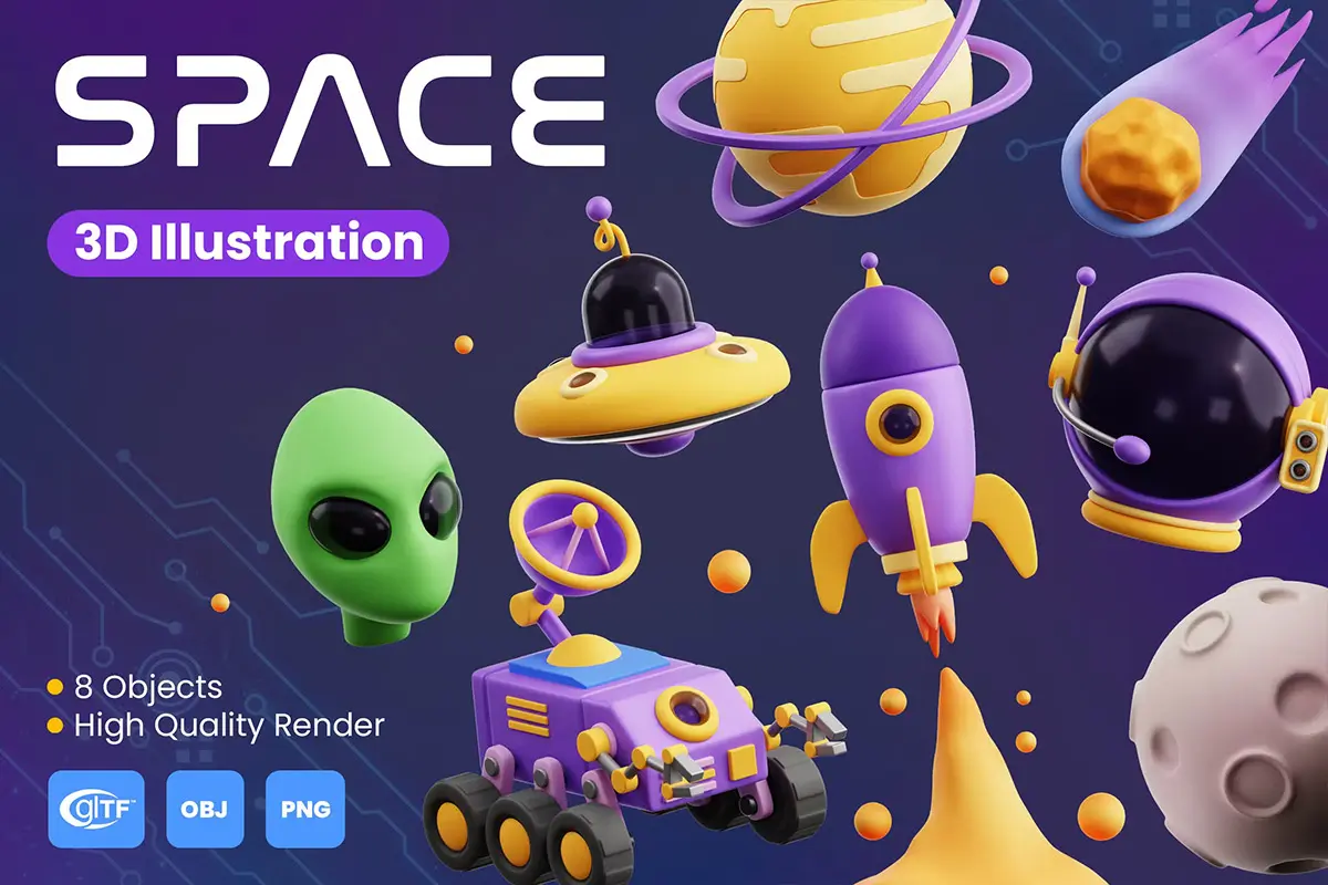 Space 3D Icon Pack 32款宇航员行星外星人太阳系宇宙飞船3D科技图标icon素材webp免抠图文件
