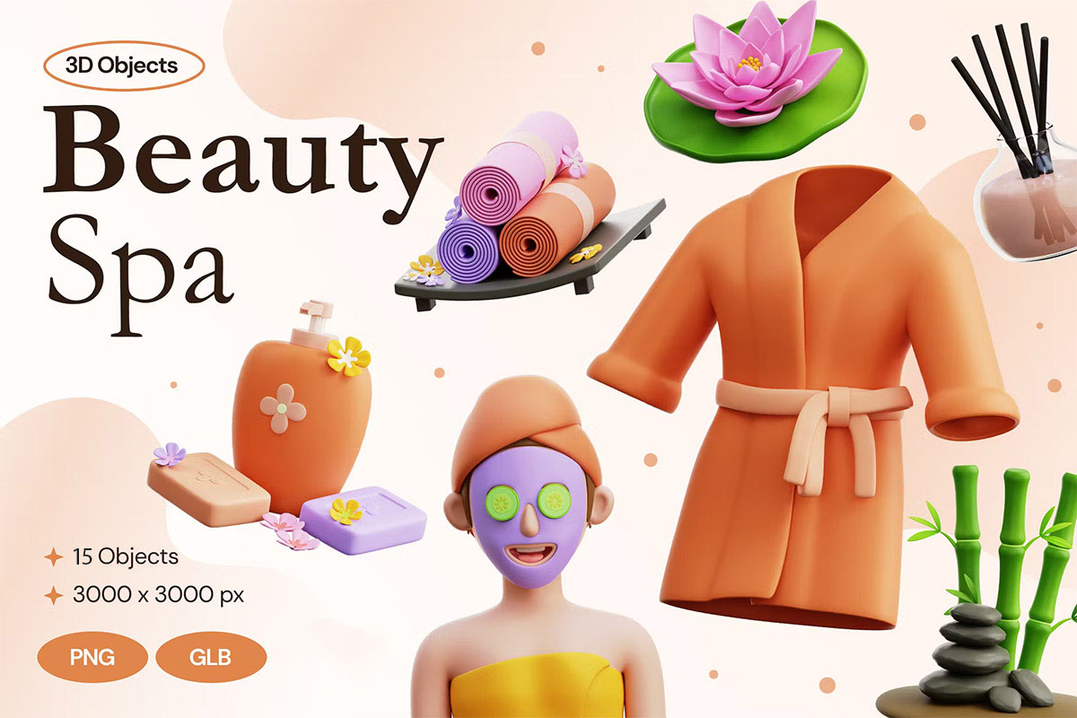 Beauty Spa 3D Icon Pack  15款趣味卡通3D立体SPA护理美容药膳icon图标png免抠图片素材