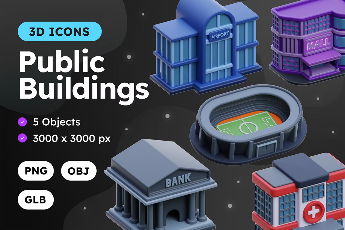 Public Buildings 3D Icon Pack  10款3D卡通公共建筑医院体育馆银行博物馆警局icon图标png免抠图片素材