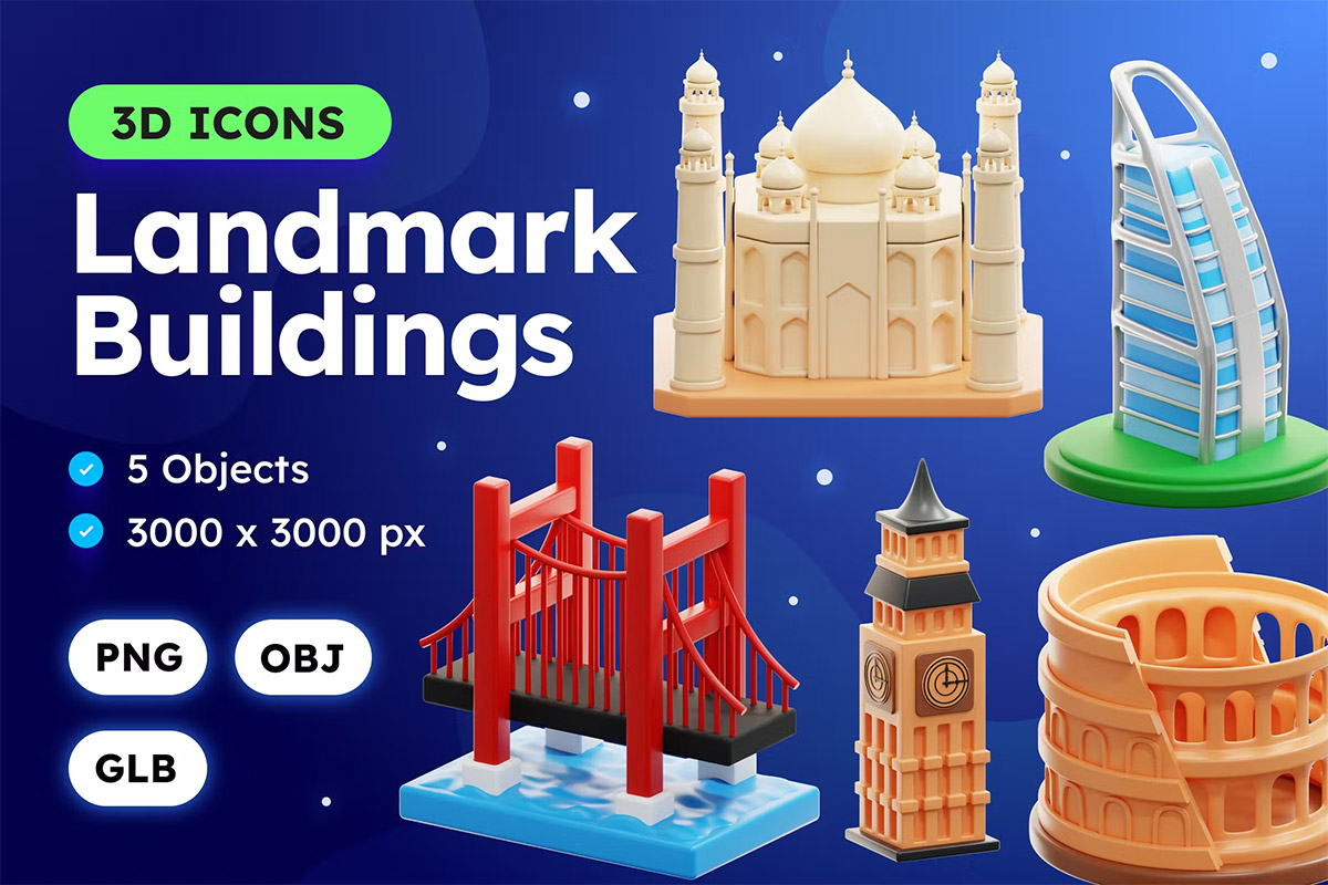 Landmark 3D Icon Pack  12款3D卡通旅游景点世界城市地标建筑icon图标png免抠图片素材