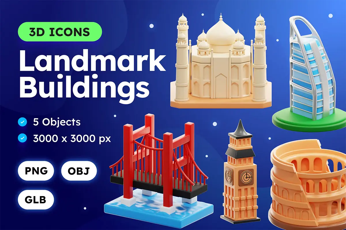 Landmark 3D Icon Pack  12款3D卡通旅游景点世界城市地标建筑icon图标webp免抠图片素材
