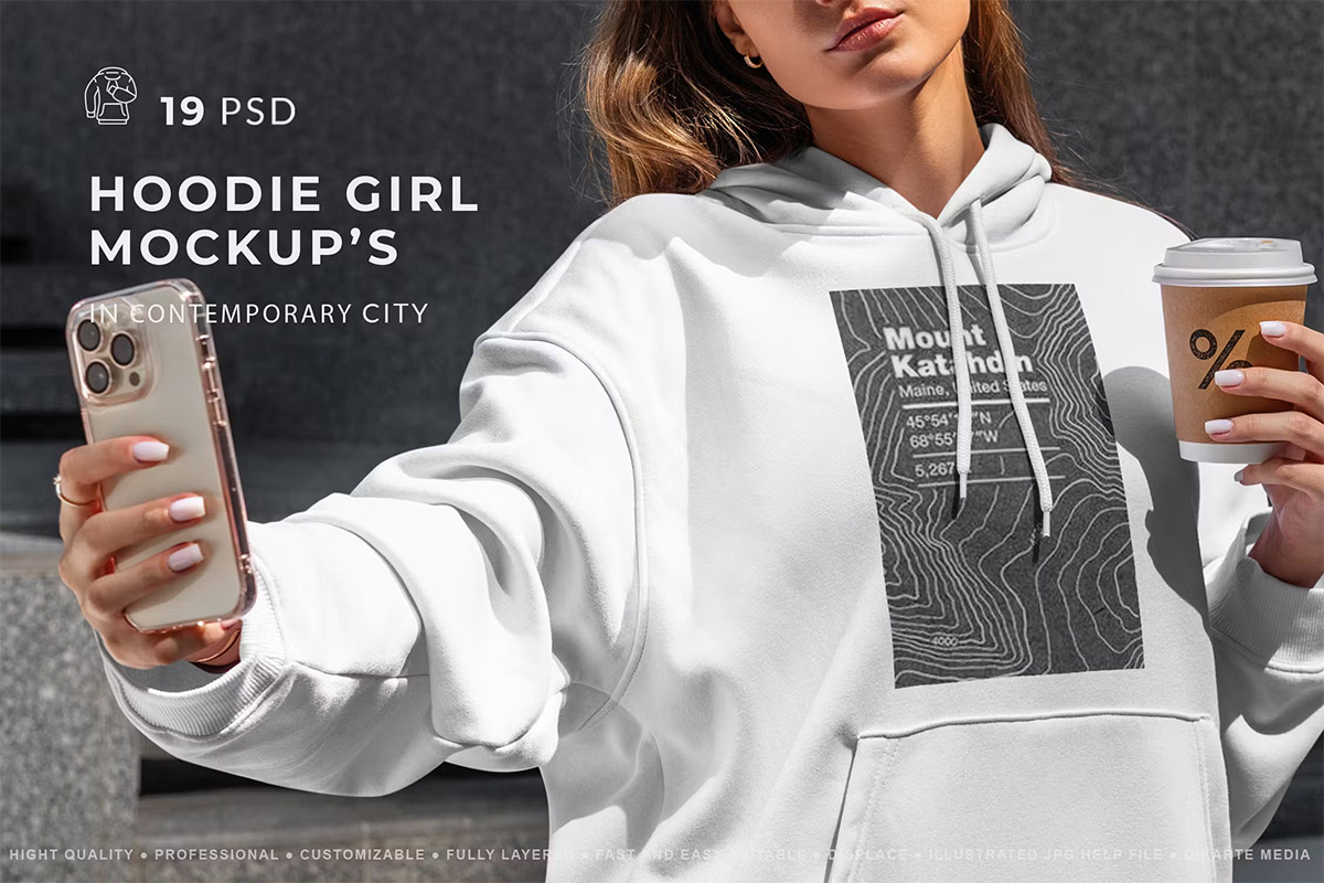 Hoodie Mockups Stylish Woman  19款长袖卫衣连帽衫服装设计ps样机素材女模特街拍场景展示效果图