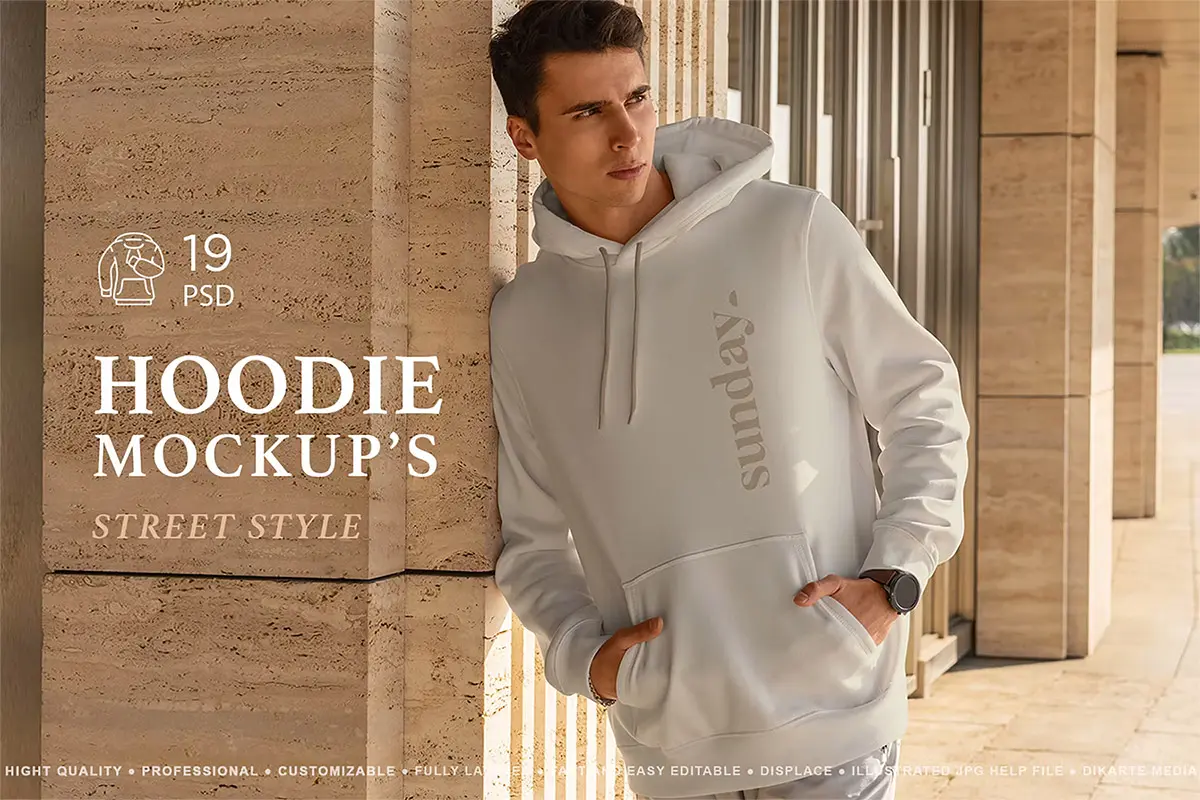 Hoodie MockUp Street Style  19款长袖卫衣连帽衫服装设计ps样机素材男士模特街拍场景展示效果图