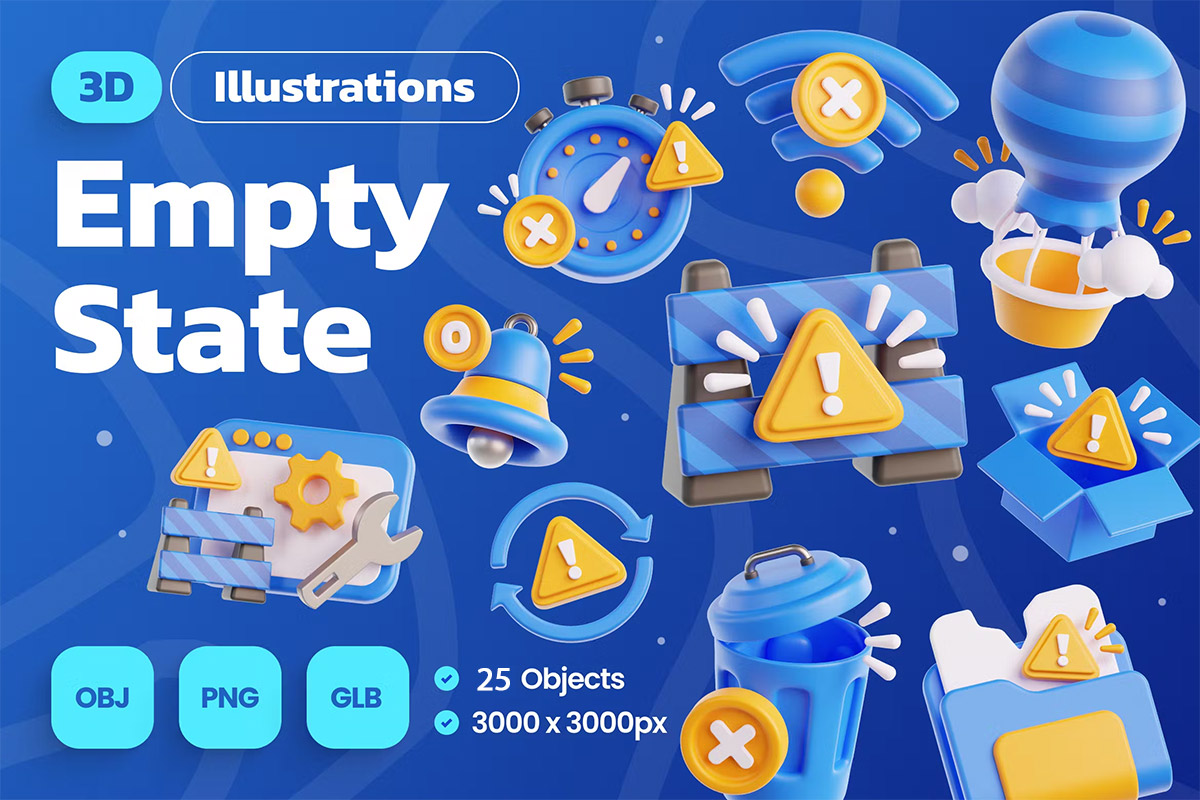 Empty State 3D Icon Pack  15款app网页断网空状态404占位3D图标icon国外设计素材png免抠图文件