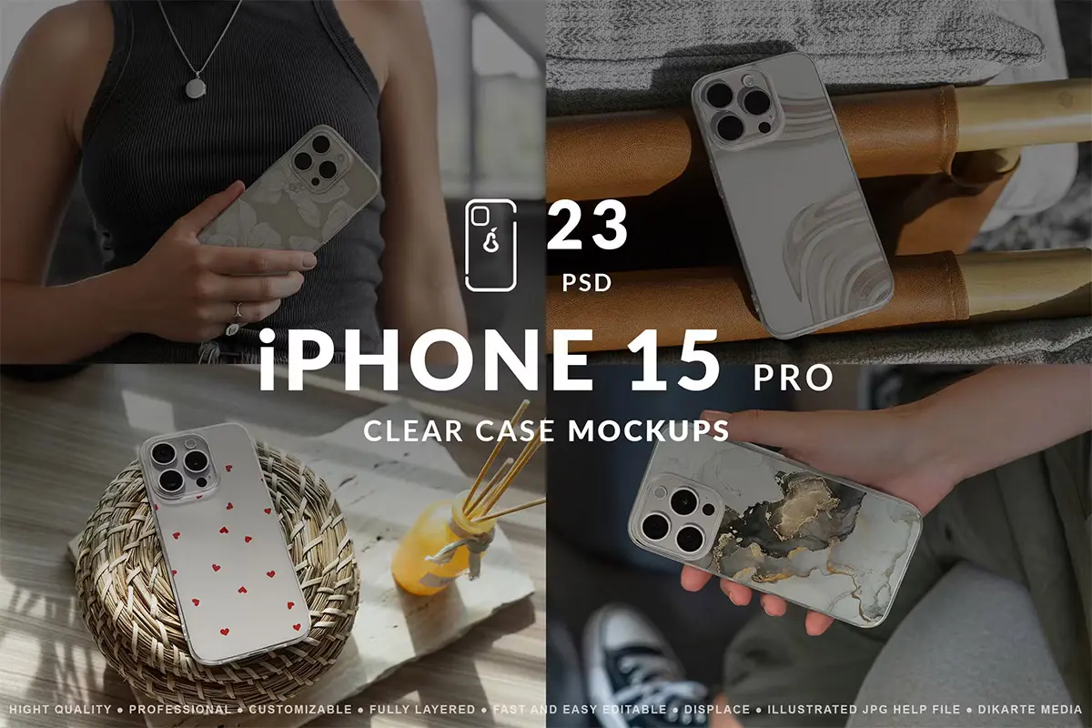 iPhone 15 Pro Clear Case Mockups  23款iPhone 15透明手机壳印花图案设计ps样机素材场景展示效果图
