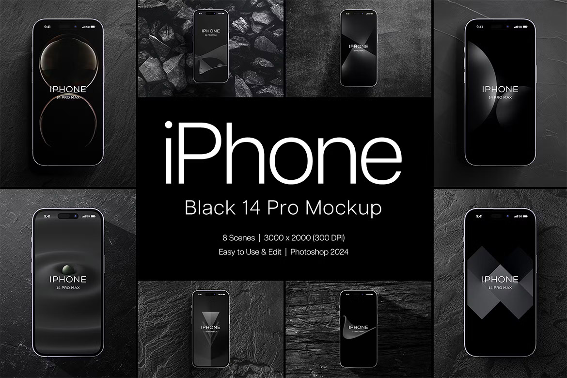 Black iPhone 14 Pro Max Mockup  8款暗黑风苹果iPhone 14 Pro Max屏幕演示效果图PS贴图样机模板素材