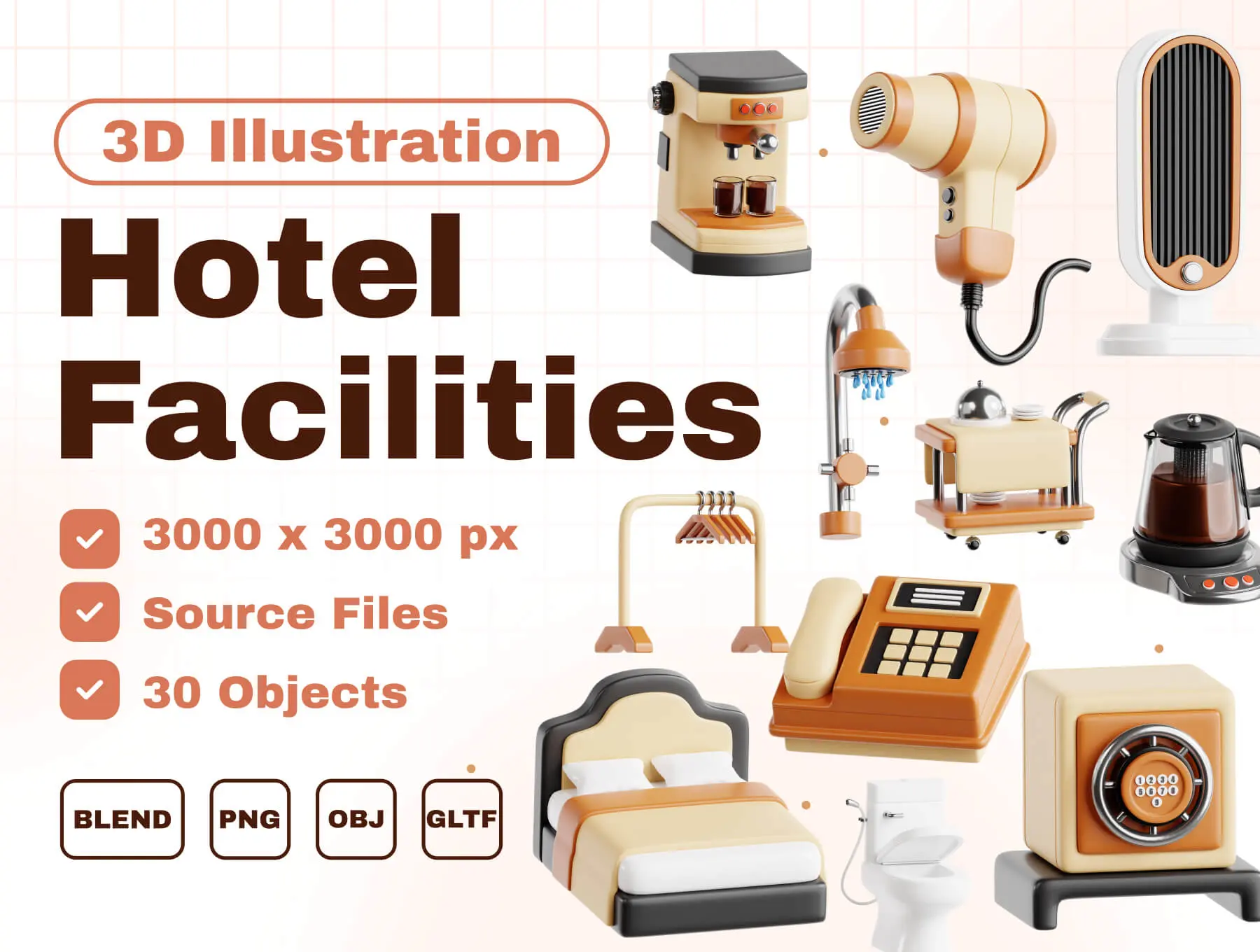 Hotel Facilities 3D Icon Set  30款酒店设施酒店用品宾馆住宿插图插画3D图标icon设计素材
