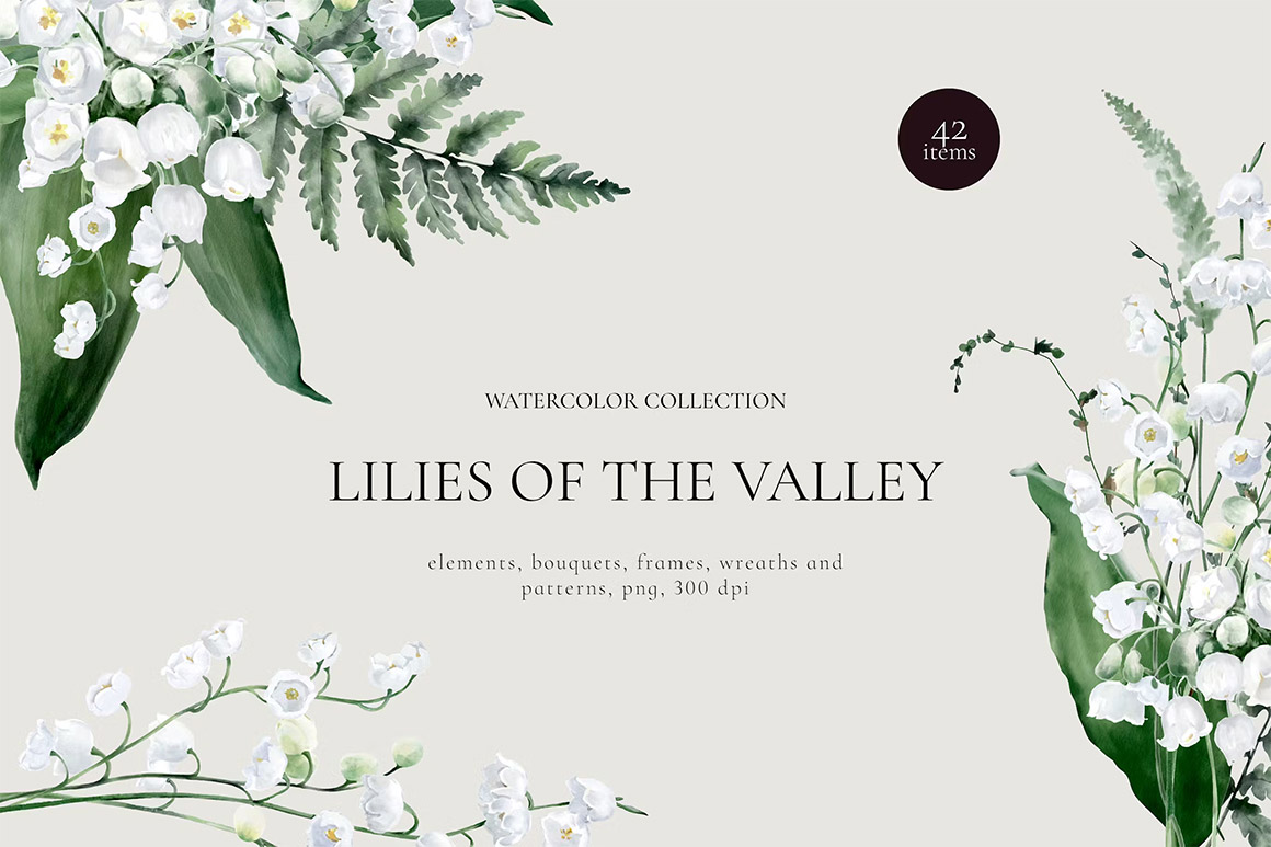 Set de acuarela Lilies of the Valley  42款铃兰百合花手绘水彩植物插图插画边框png免抠图平面设计素材