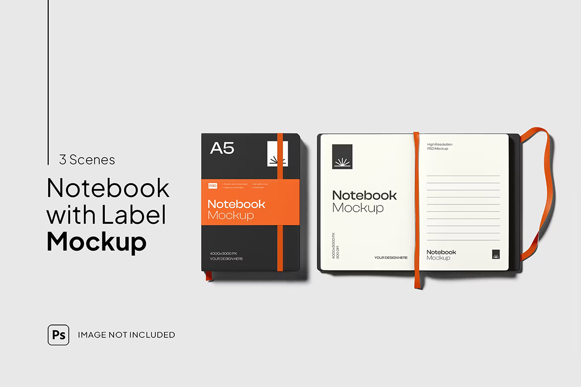 Notebook Mockup 软面笔记本记事本日记本模型品牌logo封面内页设计贴图ps文具样机素材