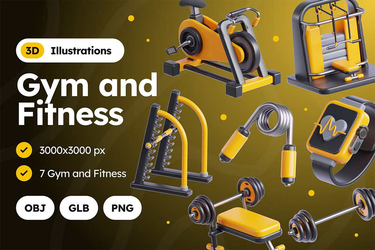 Gym And Fitness 3D Icon Pack  15款健身房健身器械营销展示3D图标icon设计素材png免抠图片