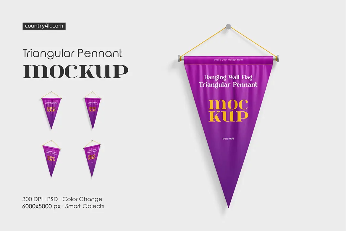 Hanging Wall Flag Triangular Pennant Mockup Set 悬挂在墙上的三角旗帜锦旗模型logo标识广告展示设计贴图ps样机素材