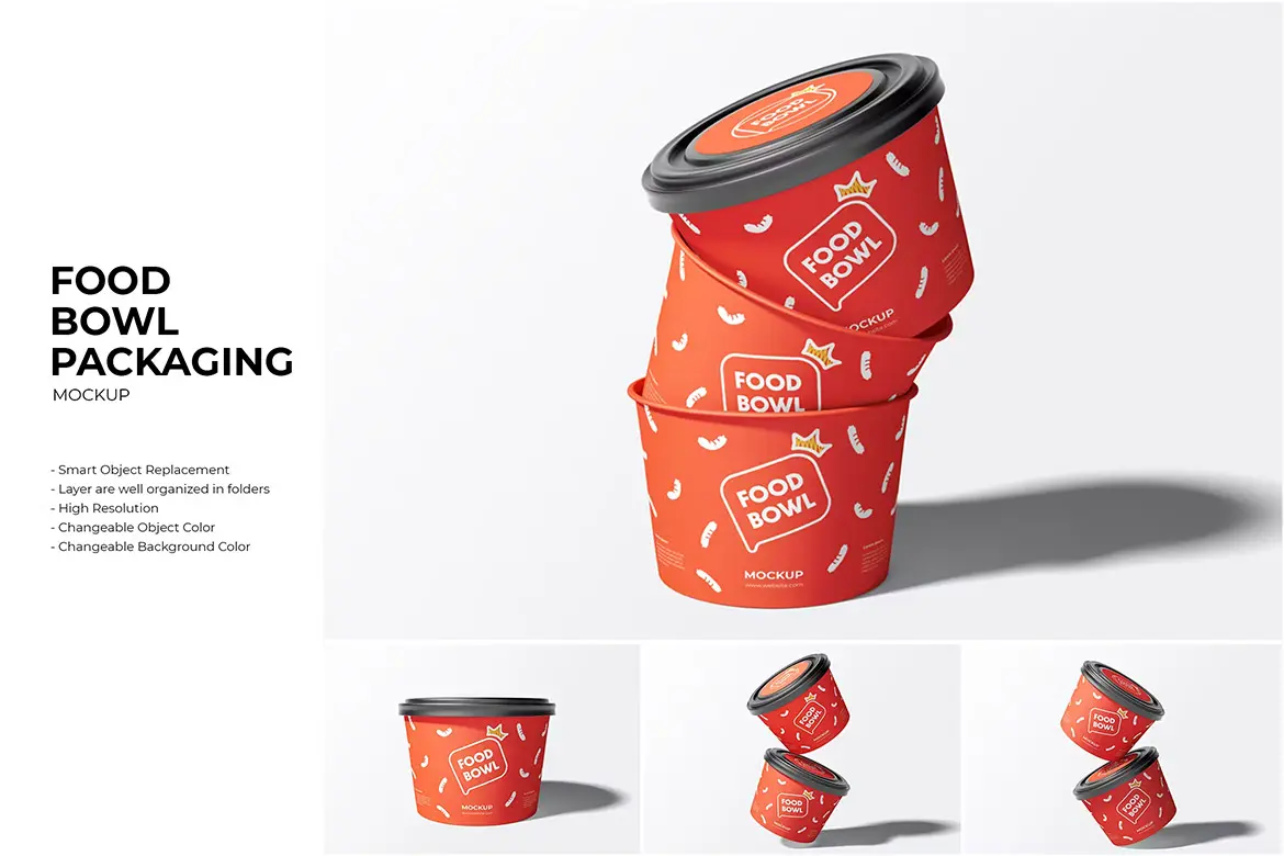 Food Bowl Packaging Mockup 一次性美食外卖打包碗模型品牌包装设计贴图ps样机素材