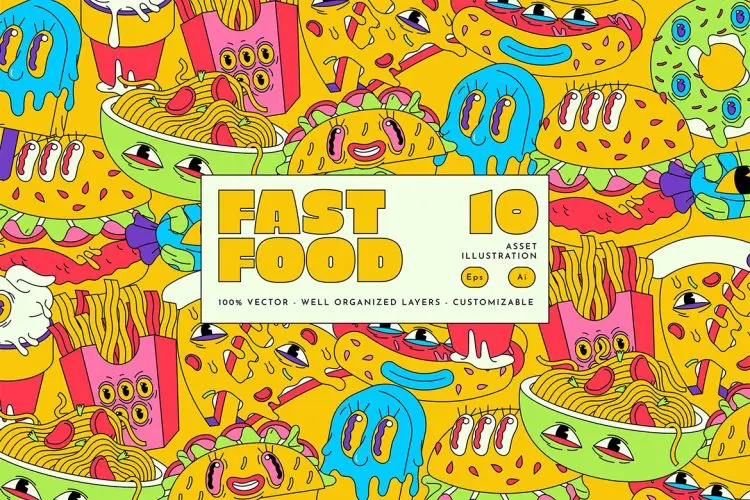 Green Psychedelic Food Illustration Set  10款迷幻酸性潮流美式快餐汉堡热狗插图插画ai矢量设计素材源文件