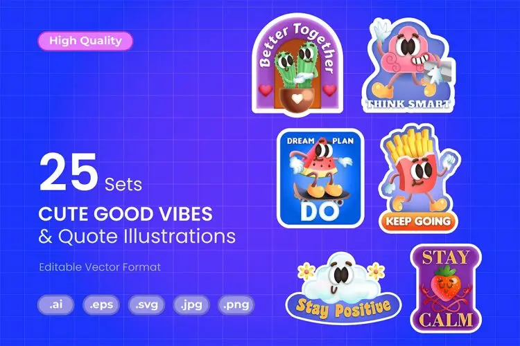 Cute Good Vibes Illustration  25款创意趣味可爱卡通形象正能量贴纸表情包插图插画矢量设计素材