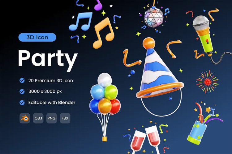 Party 3D Icon Pack  20款活动派对庆典装饰元素3D图标icon设计素材png免抠图片