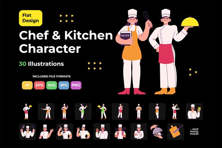 Flat Design Chef & Kitchen Character Illustrations 卡通厨师烹饪菜谱厨具剪切画用户界面站位插图插画图片矢量设计素材