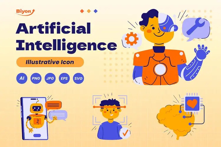 Artificial Intelligence Sticker 人工智能科技技术创新剪切画用户界面站位插图插画矢量设计素材