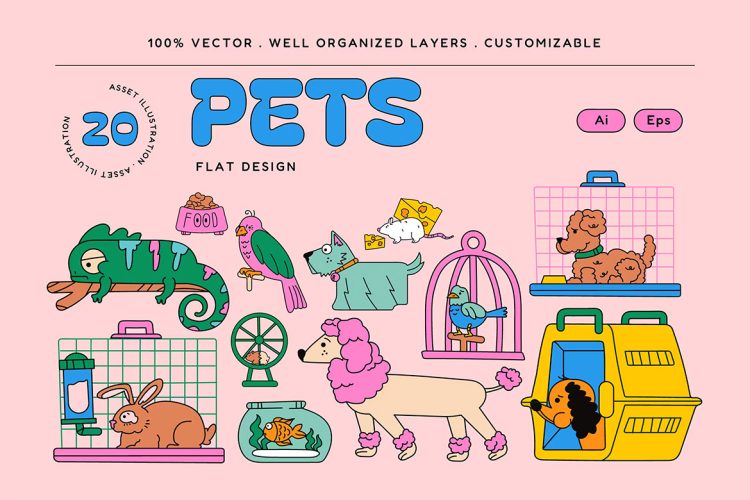 Pink Flat Design Pet Illustration Set 手绘卡通宠物剪切画用户界面站位插图插画矢量设计素材
