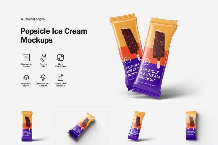 Popsicle Ice Cream Mockups 冷饮雪糕冰棍棒冰零食产品包装袋设计贴图ps样机素材展示效果图