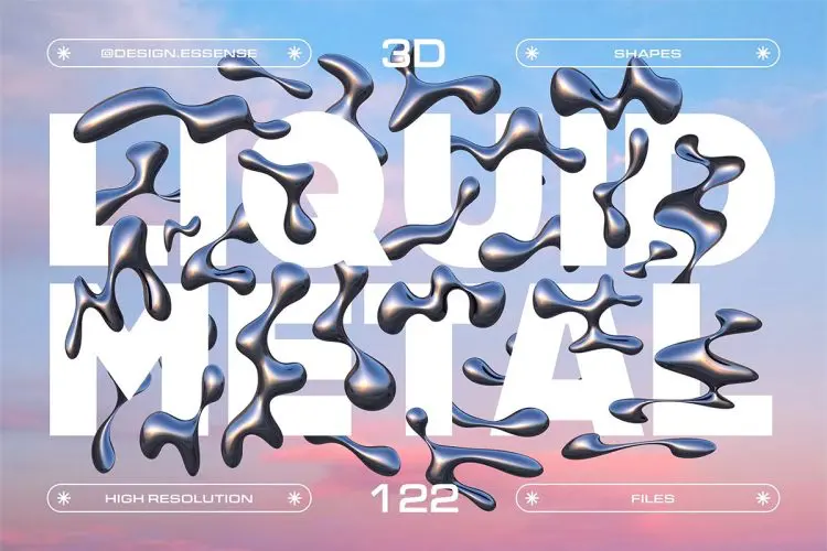 3D Liquid Metal Shapes Collection  122款潮流未来科幻液态金属水珠抽象艺术液体水滴webp免抠图片素材
