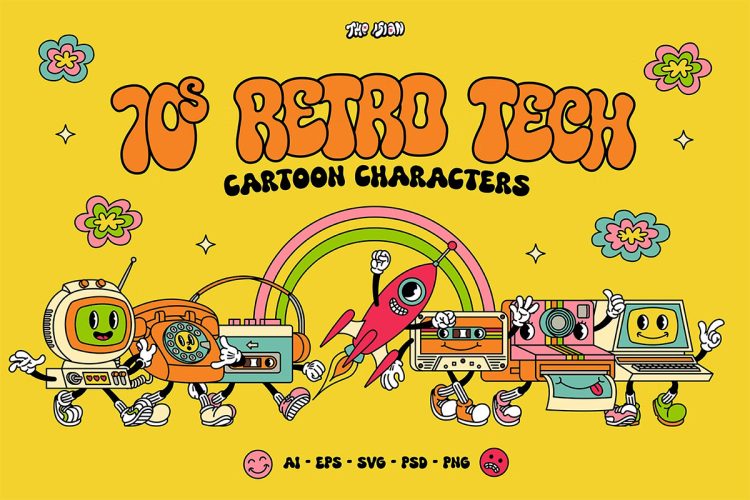 70s Retro Tech Cartoon Characters  70年代怀旧复古科技潮流机器人物卡通形象插图插画贴纸ai设计素材