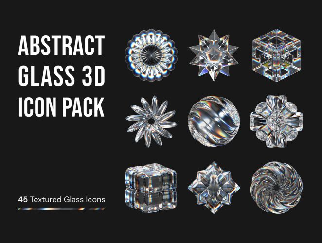 Abstract Glass 3D Icon Pack  45款3D透明水晶玻璃晶体宝石折射光泽几何图形png免抠图片素材
