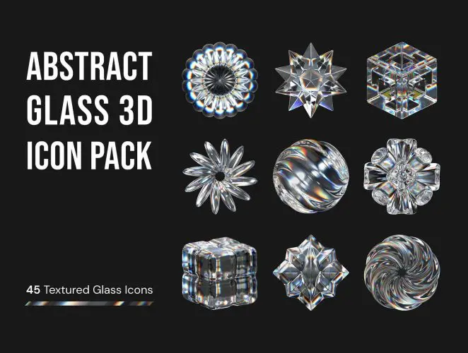 Abstract Glass 3D Icon Pack  45款3D透明水晶玻璃晶体宝石折射光泽几何图形webp免抠图片素材